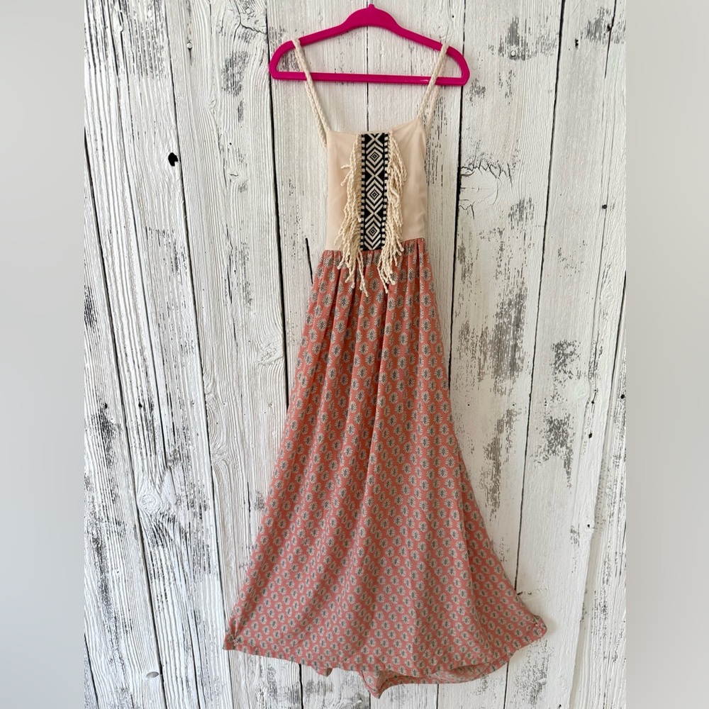 Boho Kids Casual Dress - Pink and Cream, adjustable straps